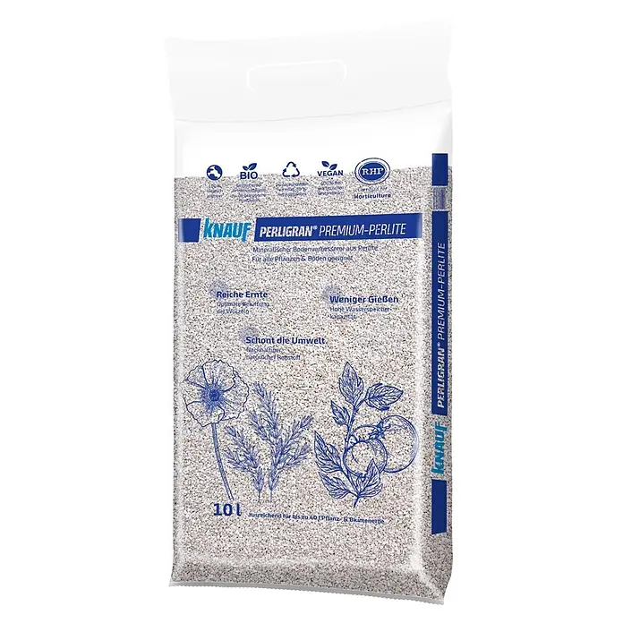 Knauf Pflanzengranulat und Bodenverbesserer Perligran Premium -  - Knauf Perligran Premium-Perlite, ein 10L Sack weißes mineralisches Bodensubstrat für alle Pflanzen zur Verbesserung von Belüftung und Wasserspeicherung.