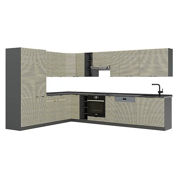 Vicco Eckküche Fame-Line Eiche Paneel/Anthrazit, AP Anthrazit - B x T: 347 x 60 cm, Eiche Paneel, Ohne Elektrogeräte - Eckküche mit hellen Holzlamellenfronten und dunkelgrauen Rahmen, inklusive Backofen, Geschirrspüler, Spüle und Dunstabzugshaube.