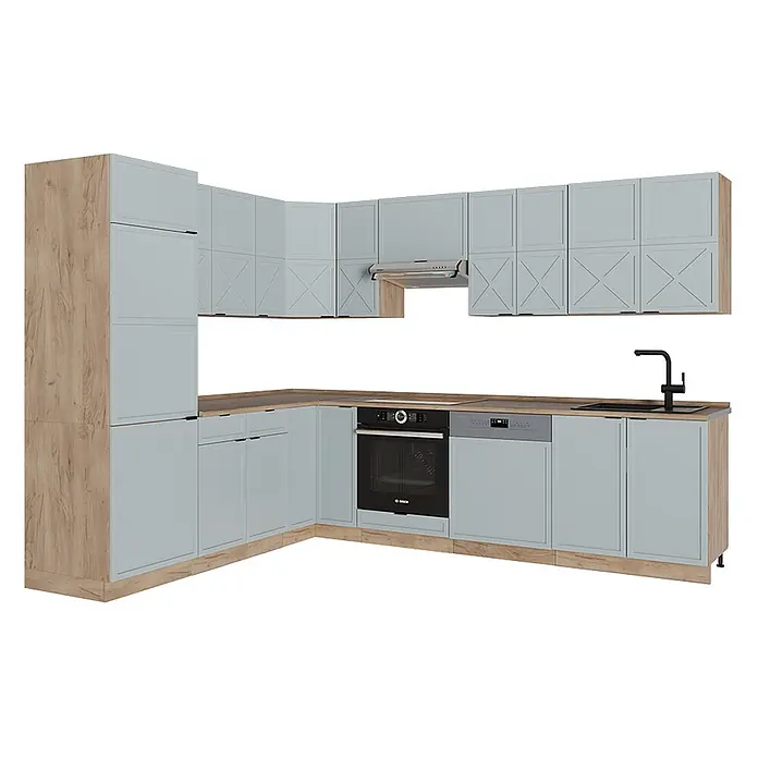 Vicco Eckküche Fame-Line Hellblau-grau/Goldkraft Eiche, AP Eiche - B x T: 227 x 60 cm, Hellblau-grau, Ohne Elektrogeräte - L-förmige Küche mit hellblauen Schränken und hellen Holzdetails, integriertem Backofen, Geschirrspüler und Spüle.
