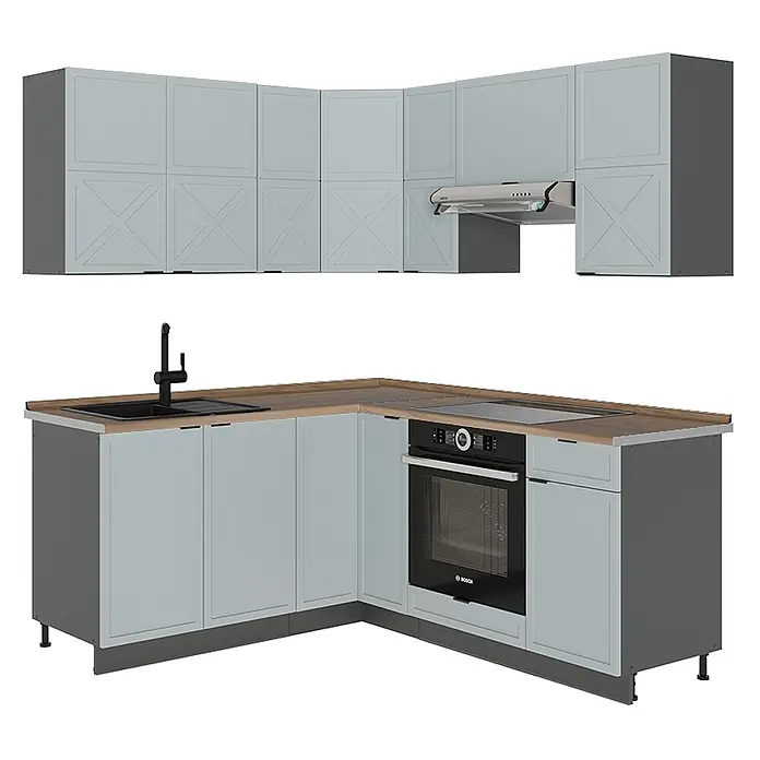 Vicco Eckküche Fame-Line Hellblau-grau/Anthrazit, AP Eiche - B x T: 190 x 60 cm, Hellblau-grau, Ohne Elektrogeräte - L-förmige Küchenzeile mit hellblauen Türen, Holzplatte, schwarzer Spüle, Backofen, Kochfeld und Oberschränken mit Dunstabzugshaube.