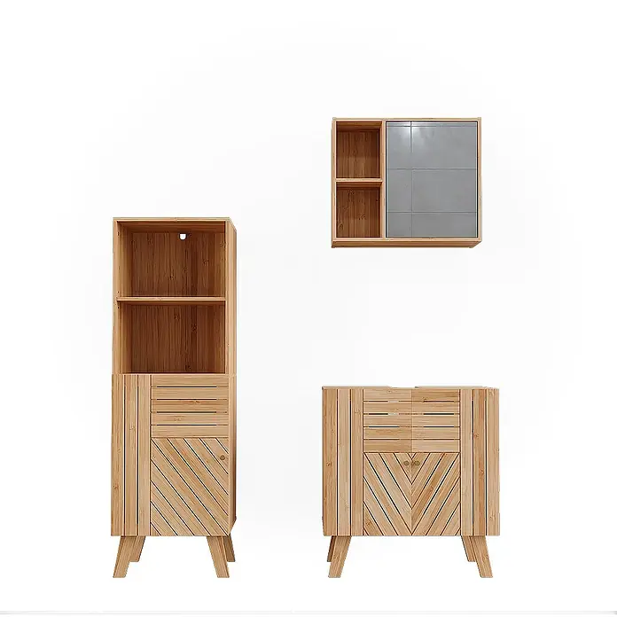 Vicco Badmöbel-Set Lucie Bambus 3 Teile, mit Midischrank - Bambus, Matt - Drei Aufbewahrungsschränke aus natürlichem Bambus: ein hoher und ein niedrigerer Schrank mit Lamellendesign, und eine Wandvitrine mit offenen Fächern und grauer Schiebetür.