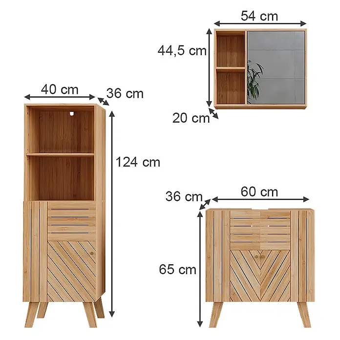 Vicco Badmöbel-Set Lucie Bambus 3 Teile, mit Midischrank - Bambus, Matt - Set aus drei Badezimmermöbeln aus Bambus: ein hoher Schrank, ein Wandschrank mit Spiegel und ein niedriger Schrank.