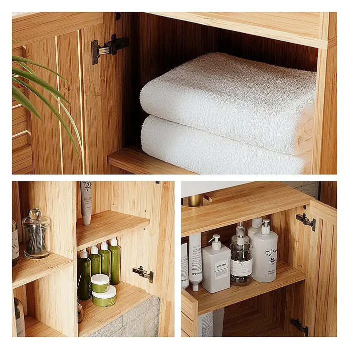 Vicco Badmöbel-Set Lucie Bambus 3 Teile, mit Midischrank - Bambus, Matt - Innenansicht von Bambus-Badschränken mit Regalen, weißen Handtüchern und Toilettenartikeln.