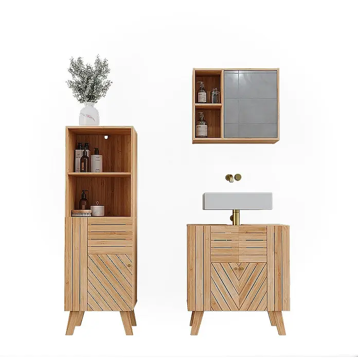 Vicco Badmöbel-Set Lucie Bambus 3 Teile, mit Midischrank - Bambus, Matt - Badezimmer-Set aus Naturholz mit Hochschrank, Waschtisch mit weißem Waschbecken und Spiegelschrank, mit Lamellen- und Diagonalmustern.
