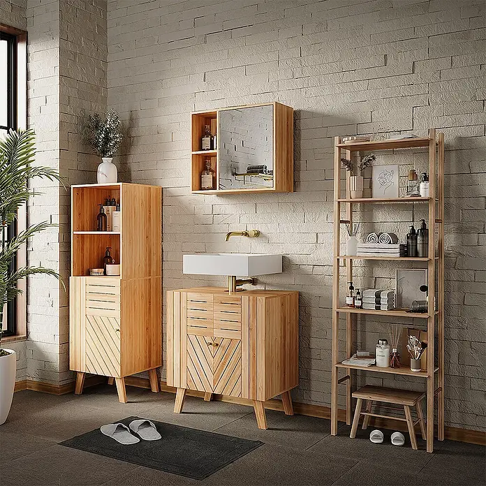 Vicco Badmöbel-Set Lucie Bambus 3 Teile, mit Midischrank - Bambus, Matt - Helles Badezimmermöbel-Set aus Holz mit Waschtisch, Hochschrank, Regal und Spiegelschrank, für ein modernes Bad.