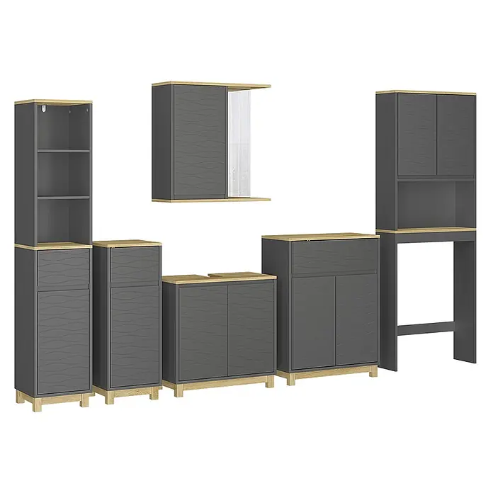 Vicco Badmöbel-Set Livia Anthrazit/Eiche 6 Teile - Anthrazit, Matt - Modulares Möbelset: dunkelgraue Schränke mit gewellter Oberfläche und hellen Holzapplikationen, umfasst Regale, Schubladen und Spiegelschrank.