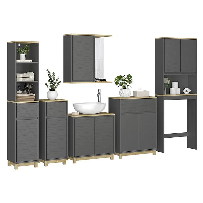 Vicco Badmöbel-Set Livia Anthrazit/Eiche 6 Teile - Anthrazit, Matt - Dunkelgraues modulares Badmöbel-Set mit hellen Holzplatten, wellenförmigen Türen und vielfältigen Stauraumoptionen, inkl. Waschbeckenunterschrank.