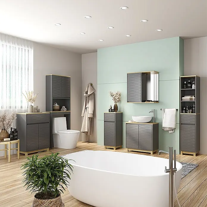 Vicco Badmöbel-Set Livia Anthrazit/Eiche 6 Teile - Anthrazit, Matt - Dunkelgraues Badmöbelset mit hellen Holzdetails für ein modernes Badezimmer.