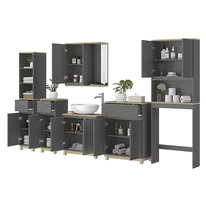 Vicco Badmöbel-Set Livia Anthrazit/Eiche 6 Teile - Anthrazit, Matt - Modulares Badmöbel-Set in Grau und Holzoptik, mit Waschtisch, Spiegel und Lagerschränken.