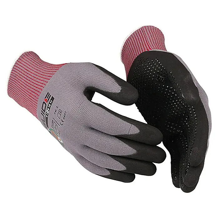 Guide Arbeitshandschuhe 582 - Grau/Schwarz, 6 - Ein Paar graue Arbeitshandschuhe mit schwarzen Handflächen und rot gestreiften Bündchen für sicheren Halt und Schutz bei Arbeiten.