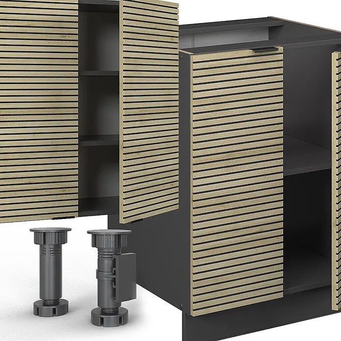 Vicco Küchenzeile Fame-Line Eiche Paneel/Anthrazit mit Hochschrank, ohne Arbeitsplatte - Breite: 300 cm, Eiche Paneel, Ohne Elektrogeräte - Dunkelgrauer Schrank mit hellen Holzlamellentüren und verstellbaren Füßen.