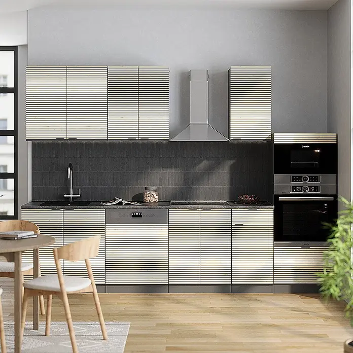 Vicco Küchenzeile Fame-Line Eiche Paneel/Anthrazit mit Hochschrank, ohne Arbeitsplatte - Breite: 300 cm, Eiche Paneel, Ohne Elektrogeräte - Moderne Küche mit hellen Holzlamellen-Schränken, dunklen Arbeitsplatten, Einbaugeräten und Dunstabzugshaube.