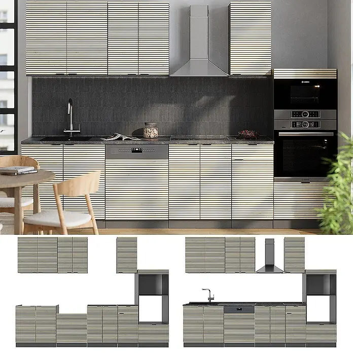 Vicco Küchenzeile Fame-Line Eiche Paneel/Anthrazit mit Hochschrank, ohne Arbeitsplatte - Breite: 300 cm, Eiche Paneel, Ohne Elektrogeräte - Moderne Küchenschränke in heller Holzoptik mit Streifenmuster, in einer zeitgenössischen Küche installiert.
