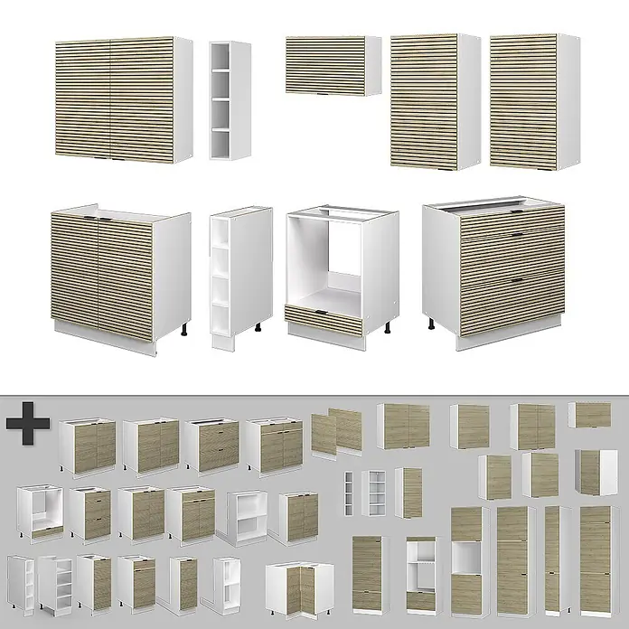 Vicco Küchenzeile Fame-Line Eiche Paneel/Weiß, AP Eiche - Breite: 235 cm, Eiche Paneel, Ohne Elektrogeräte - Modulare Küchenschränke in Weiß mit hellen Holzlamellenfronten, inkl. Wand-, Unter-, Backofen- und Schubladenelementen sowie offenen Regalen.