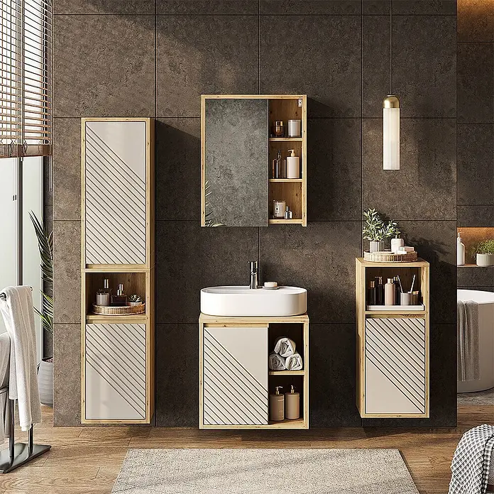 Vicco Badmöbel-Set - Artisan-Eiche, Matt - Badezimmermöbel-Set aus hellem Holz mit beigen Paneelen und diagonalen Streifen, inklusive Waschtisch, Hochschrank und Spiegelschrank.