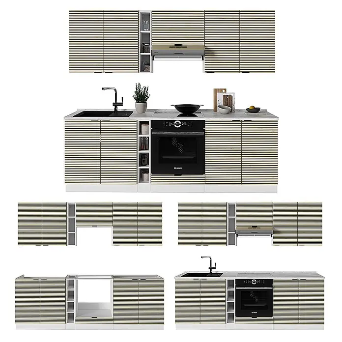 Vicco Küchenzeile Fame-Line Eiche Paneel/Weiß, AP Eiche - Breite: 235 cm, Eiche Paneel, Ohne Elektrogeräte - Moderne Modulküche mit hellen Holzlamellenfronten, integrierten Geräten und Stauraum.