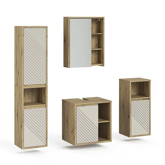 Vicco Badmöbel-Set - Artisan-Eiche, Matt - Modernes Badmöbel-Set aus hellem Holz mit beigen gemusterten Türen und Spiegelschrank.