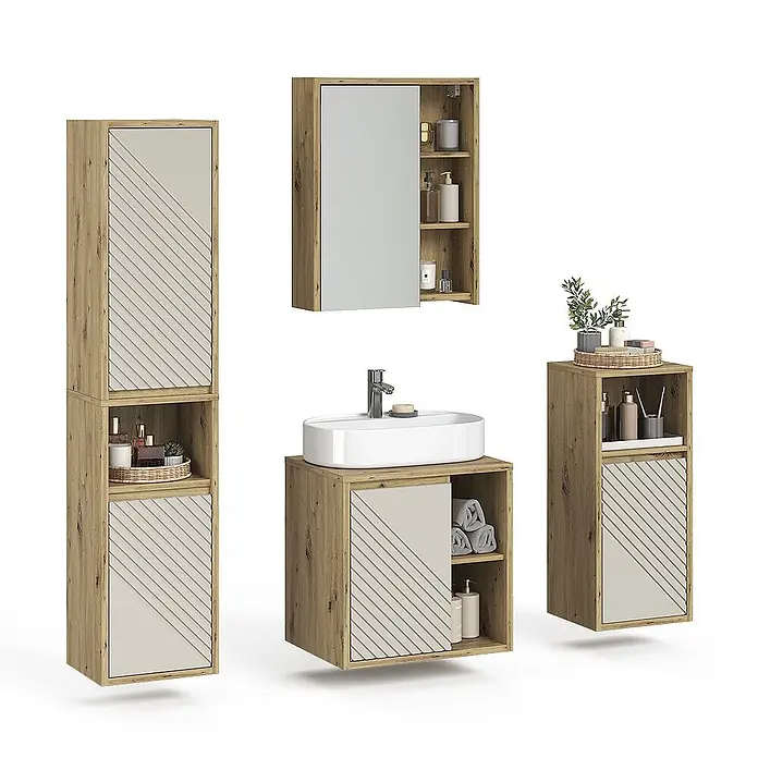 Vicco Badmöbel-Set - Artisan-Eiche, Matt - Rustikales Badmöbelset aus Holz mit hellbeigen Mustertüren, Waschtisch mit Waschbecken, Spiegelschrank und Stauraumschränken.