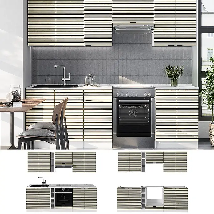 Vicco Küchenzeile Fame-Line Eiche Paneel/Weiß, AP Eiche - Breite: 235 cm, Eiche Paneel, Ohne Elektrogeräte - Küchenschränke mit Türen und Schubladen aus hellem Holz mit horizontalen Lamellen.
