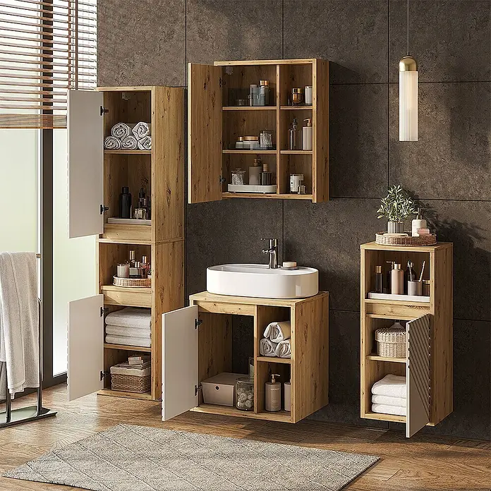 Vicco Badmöbel-Set - Artisan-Eiche, Matt - Helle Holzoptik Badmöbel-Set mit Waschbeckenunterschrank, Hochschrank, Wandschrank und einem Seitenregal.