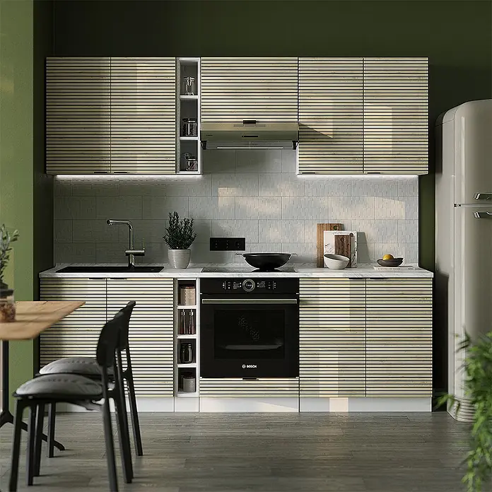 Vicco Küchenzeile Fame-Line Eiche Paneel/Weiß, AP Eiche - Breite: 235 cm, Eiche Paneel, Ohne Elektrogeräte - Moderne Küchenschränke mit horizontalen Holzlamellenfronten in heller Farbe, inklusive integrierter Geräte und offener Regale.