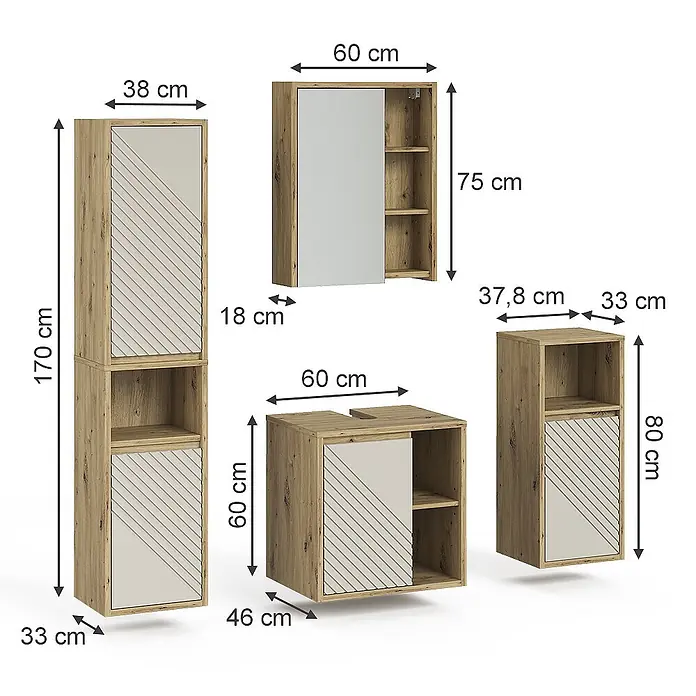 Vicco Badmöbel-Set - Artisan-Eiche, Matt - Badmöbelset in Holzoptik mit hellen Fronten und Streifenakzenten, bestehend aus Hochschrank, Spiegelschrank, Waschtischunterschrank und Hängeschrank.