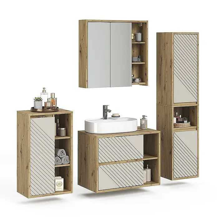 Vicco Badmöbel-Set - Artisan-Eiche, Matt - Badezimmer-Set Holzoptik mit hellbeigen Streifenpaneelen und weißem Aufsatzwaschbecken. Inkl. Spiegelschrank, Hochschrank und Seitenschrank.