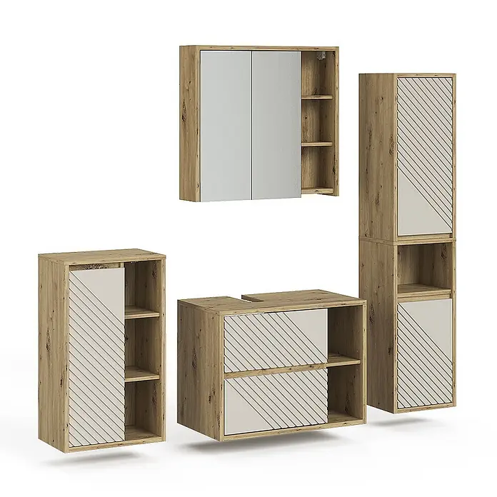 Vicco Badmöbel-Set - Artisan-Eiche, Matt - Badezimmermöbel-Set aus Holz mit hellgrauen Türen und gestreiften Paneelen, inkl. Waschtisch-, Wand- und Hochschränken.
