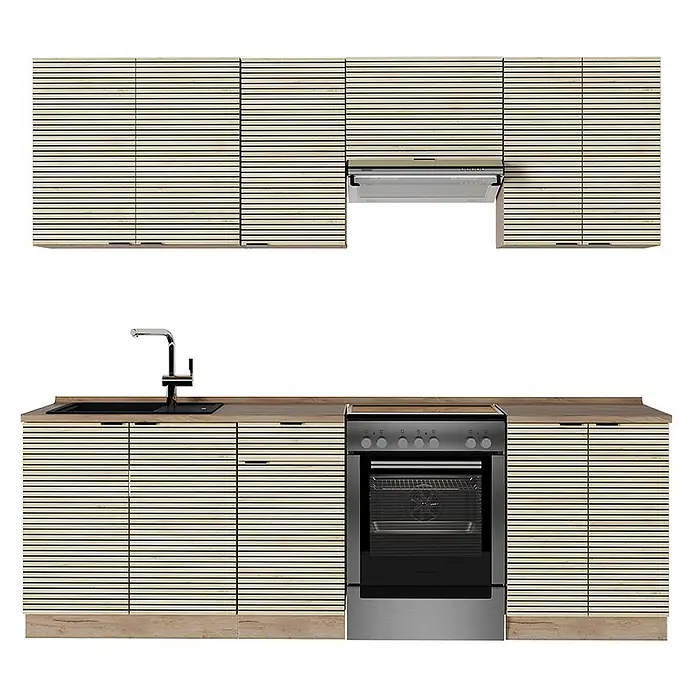 Vicco Küchenzeile Fame-Line Eiche Paneel/Goldkraft Eiche, AP Eiche - Breite: 240 cm, Eiche Paneel, Ohne Elektrogeräte - Moderne Küchenzeile mit hellen Lamellenschränken, Holztheke, schwarzem Spülbecken und Edelstahl-Ofen mit Dunstabzugshaube.