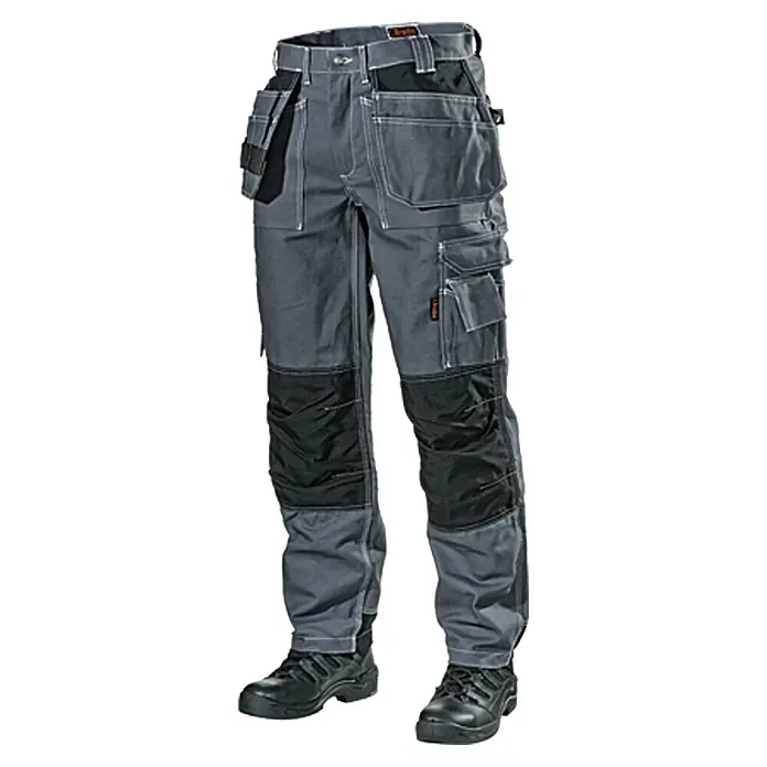 L.Brador Arbeitshose 101 B - 56, Grau - Graue Arbeitshose mit vielen Taschen und schwarzen Knieschonern. Ideal für Handwerker und Bauarbeiter, die robuste Kleidung benötigen.