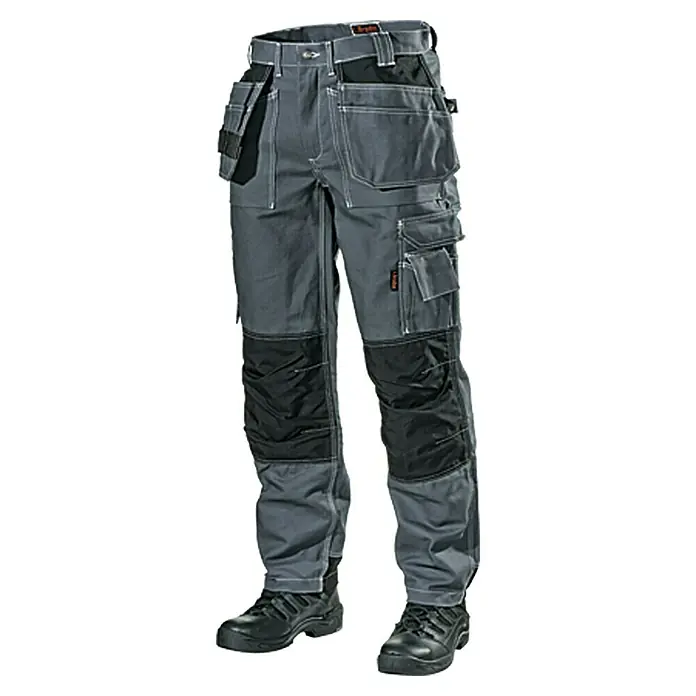 L.Brador Arbeitshose 101 B - 52, Grau - Graue Arbeitshose mit vielen Taschen und schwarzen Knieschonern. Ideal für Handwerker und Bauarbeiter, die robuste Kleidung benötigen.