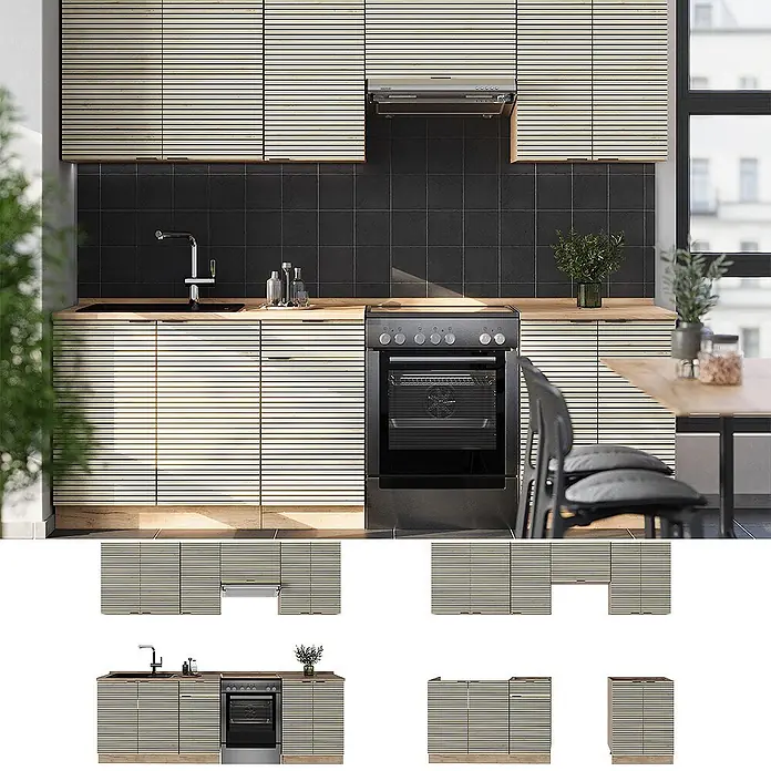 Vicco Küchenzeile Fame-Line Eiche Paneel/Goldkraft Eiche, AP Anthrazit - Breite: 240 cm, Eiche Paneel, Ohne Elektrogeräte - Moderne Küche mit hellen Holzlamellenfronten und schwarzem Fliesenspiegel. Mit Spüle, Herd und Dunstabzugshaube.