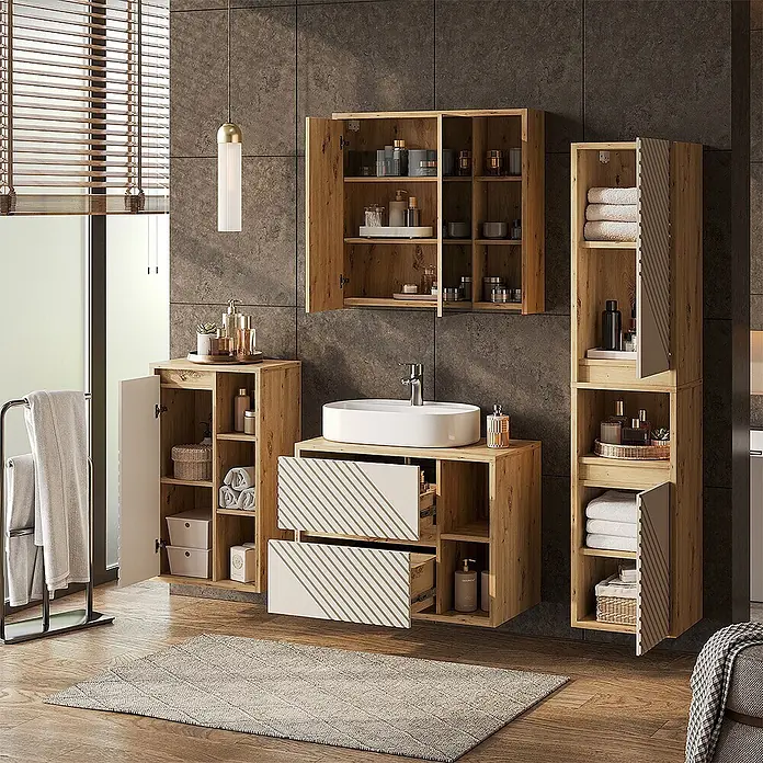 Vicco Badmöbel-Set - Artisan-Eiche, Matt - Badmöbel-Set aus hellem Holz mit Waschbeckenunterschrank und Hängeschränken, bietet viel Stauraum für Badutensilien und Handtücher.
