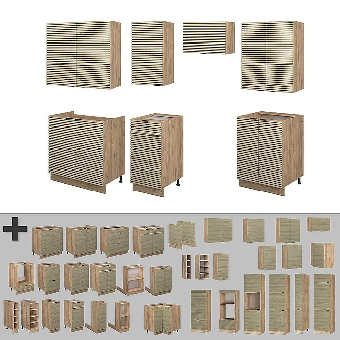 Vicco Küchenzeile Fame-Line Eiche Paneel/Goldkraft Eiche, AP Anthrazit - Breite: 240 cm, Eiche Paneel, Ohne Elektrogeräte - Modulare Küchenschränke in heller Holzoptik mit Lamellentüren, Ober- und Unterschränke.