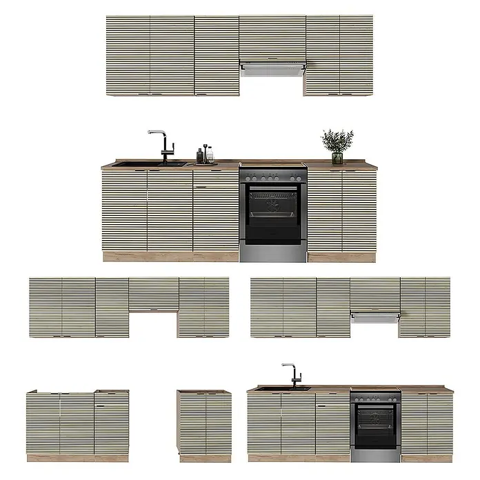 Vicco Küchenzeile Fame-Line Eiche Paneel/Goldkraft Eiche, AP Anthrazit - Breite: 240 cm, Eiche Paneel, Ohne Elektrogeräte - Modulare Küchenzeile mit hellen Holzlamellen-Schränken, Spüle, Backofen und Dunstabzugshaube.