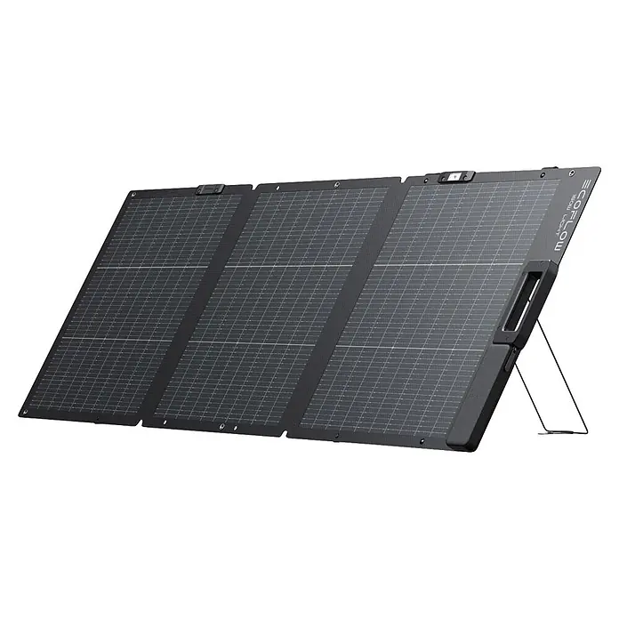 EcoFlow Solarmodul Lightweight faltbar 160 W - L x B x H: 194,4 x 41,3 x 2,6 cm - Schwarzes, faltbares Solarpanel mit drei Abschnitten, auf einem integrierten Ständer für den mobilen Einsatz.