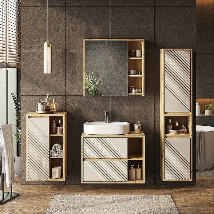 Vicco Badmöbel-Set - Artisan-Eiche, Matt - Modernes Badmöbelset: Waschtisch aus hellem Holz mit weißen gestreiften Paneelen, Hochschrank und Wandschrank, alles für Badaufbewahrung.