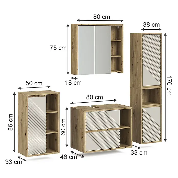 Vicco Badmöbel-Set - Artisan-Eiche, Matt - Badmöbel-Set in Holzoptik mit hellgrauen Türen und gestreiften Akzenten; Hänge-, Hoch-, Waschbeckenunter- und Seitenschrank.
