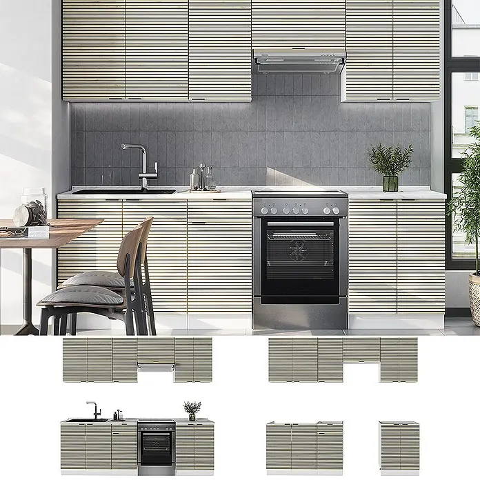Vicco Küchenzeile Fame-Line Eiche Paneel/Weiß, AP Eiche - Breite: 240 cm, Eiche Paneel, Ohne Elektrogeräte - Helle Küchenschränke und Schubladen mit Holzlamellen in einer modernen Küche.