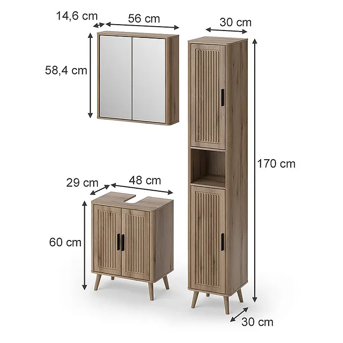 Vicco Badmöbel-Set - Eiche, Matt - Ein hellbraunes Badmöbelset in Holzoptik mit gerippten Türen, bestehend aus Spiegelschrank, Waschtischunterschrank und Hochschrank.