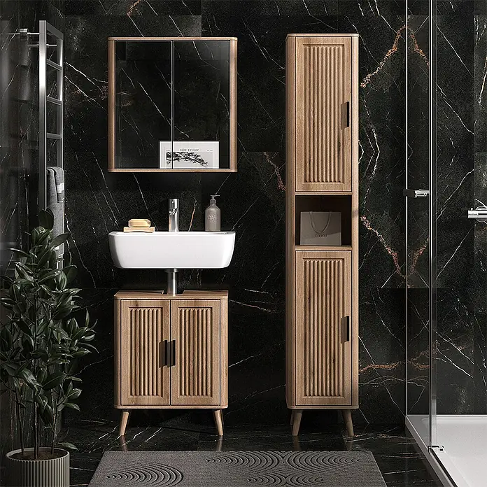 Vicco Badmöbel-Set - Eiche, Matt - Modernes helles Holz-Badezimmerset: Waschtisch, Spiegelschrank und hoher Schrank mit Rillenfronten.