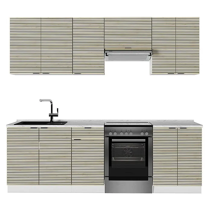 Vicco Küchenzeile Fame-Line Eiche Paneel/Weiß ohne Arbeitsplatte - Breite: 240 cm, Eiche Paneel, Ohne Elektrogeräte - Moderne Küche mit hellen Holzlamellenschränken, schwarzer Spüle, Edelstahlherd und Kochfeld.