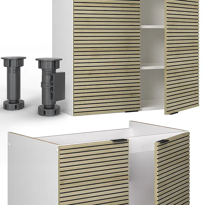 Vicco Küchenzeile Fame-Line Eiche Paneel/Weiß, AP Eiche - Breite: 240 cm, Eiche Paneel, Ohne Elektrogeräte - Modulares weißes Sideboard mit Lamellentüren aus hellem Holz, schwarzen Griffen und verstellbaren Füßen.