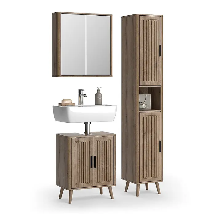 Vicco Badmöbel-Set - Eiche, Matt - Helles braunes Badmöbel-Set aus Holz mit Spiegelschrank, Waschbecken-Unterschrank und Hochschrank, alle mit geriffelten Türen.