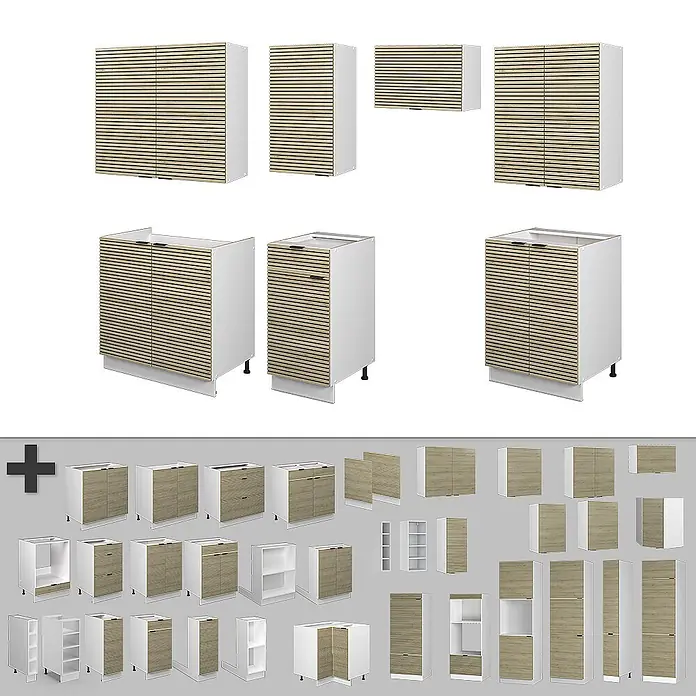 Vicco Küchenzeile Fame-Line Eiche Paneel/Weiß, AP Eiche - Breite: 240 cm, Eiche Paneel, Ohne Elektrogeräte - Sortiment weißer Küchenschränke mit geriffelten hellen Holzfronten, darunter Wand-, Unter- und Hochschränke.