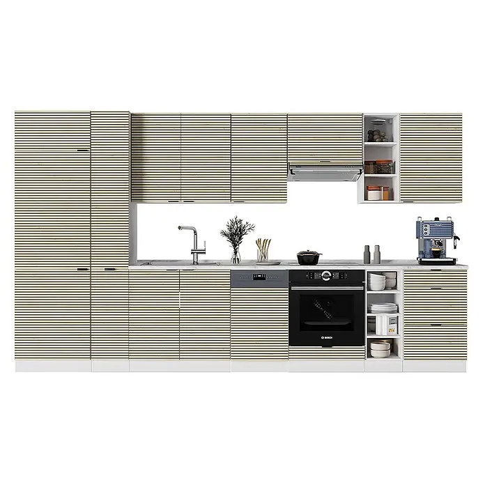Vicco Küchenzeile Fame-Line Eiche Paneel/Weiß, AP Anthrazit - Breite: 355 cm, Eiche Paneel, Ohne Elektrogeräte - Moderne Küchenzeile mit hellen Holzlamellenfronten, integriertem Backofen, Geschirrspüler und Spüle.