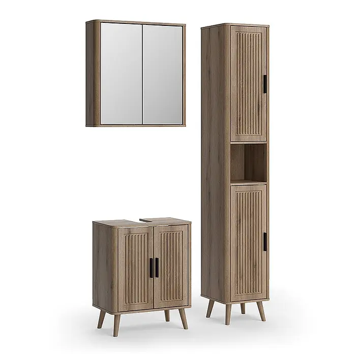 Vicco Badmöbel-Set - Eiche, Matt - Badmöbel-Set aus hellem Holz: Spiegelschrank, Hochschrank und Unterschrank mit vertikal geriffelten Details.