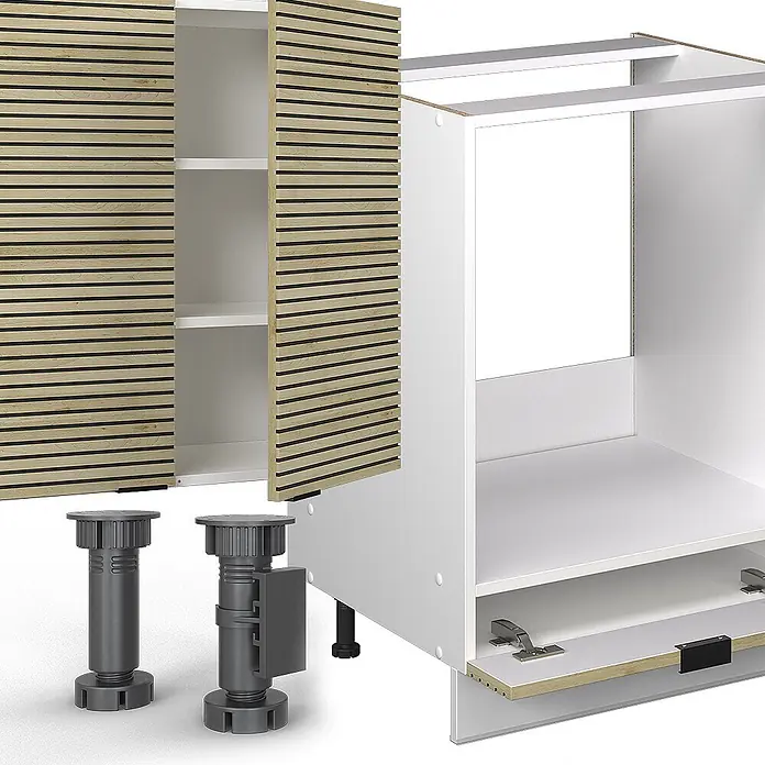 Vicco Küchenzeile Fame-Line Eiche Paneel/Weiß, AP Anthrazit - Breite: 355 cm, Eiche Paneel, Ohne Elektrogeräte - Teilweise montierter weißer Küchenschrankrahmen mit Lamellentüren aus Naturholz und verstellbaren dunkelgrauen Füßen.