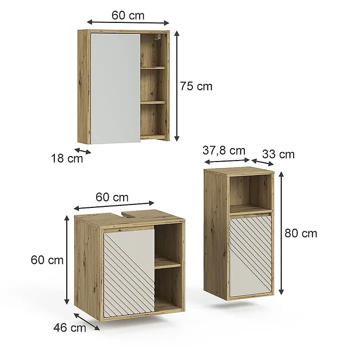 Vicco Badmöbel-Set - Artisan-Eiche, Matt - Drei modulare Badezimmerschränke aus hellem Holz mit hellbeigen Türen (teilweise gestreift) und offenen Regalen. Abmessungen sind angegeben.