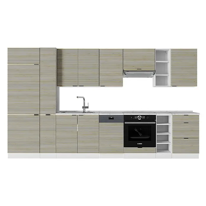 Vicco Küchenzeile Fame-Line Eiche Paneel/Weiß, AP Marmor - Breite: 355 cm, Eiche Paneel, Ohne Elektrogeräte - Moderne Küche mit hellen Lamellenholzschränken, integrierter Spüle, Geschirrspüler, Backofen und Dunstabzugshaube.